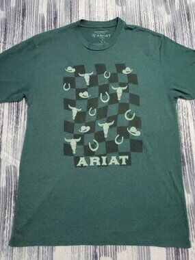 Ariat Women's L Green Western Cowboy Checkered Graphic T-Shirt Short Sleeve